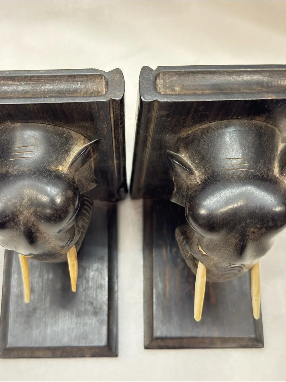 Ebony Hand-Carved Black Elephant Head Bookends - Decorative Wall Accent